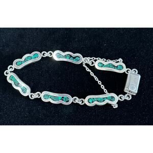 Vintage STERLING SILVER malachite MEXICO 7.5" bracelet marked TM-78 safety chain